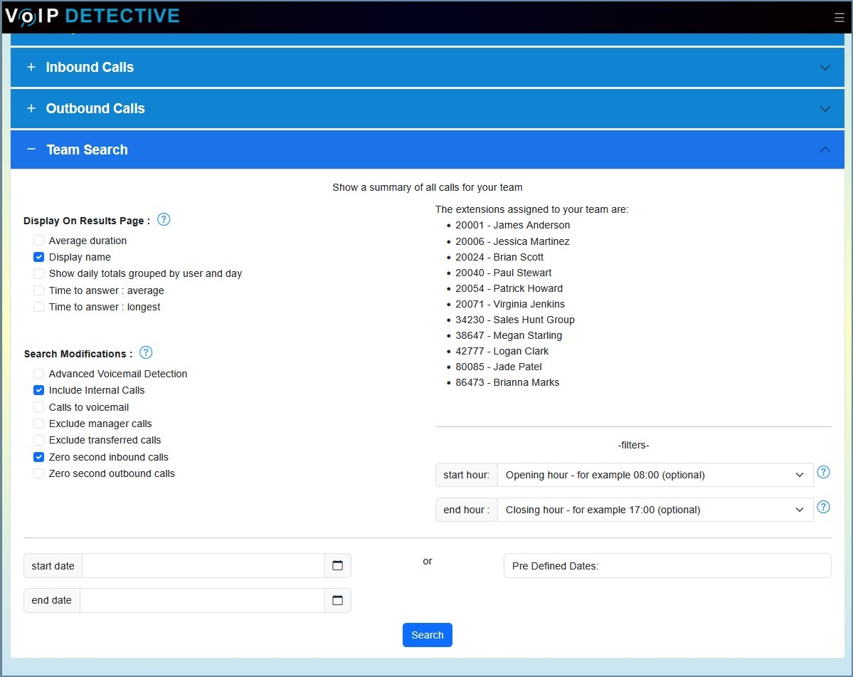 The Team search is an easy to run report that allows managers to include or exclude any data they choose.