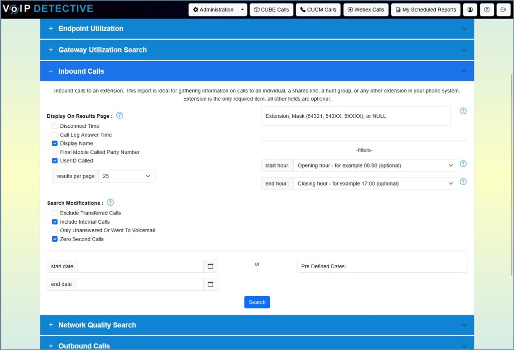 Inbound Call Report - Interface