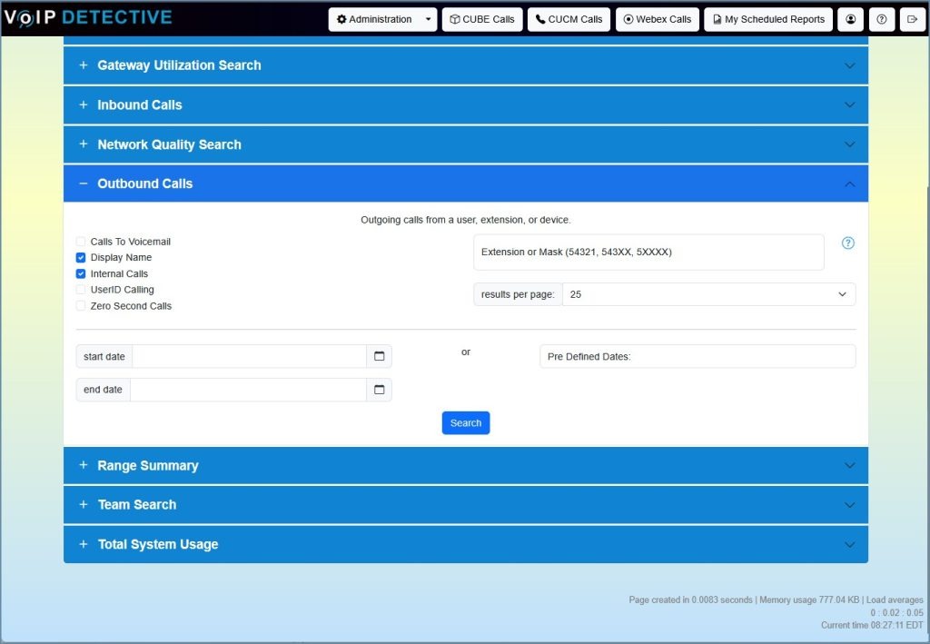 Outbound Call Report - Interface