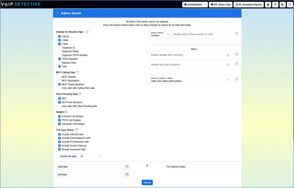 MS Teams Admin Search Interface