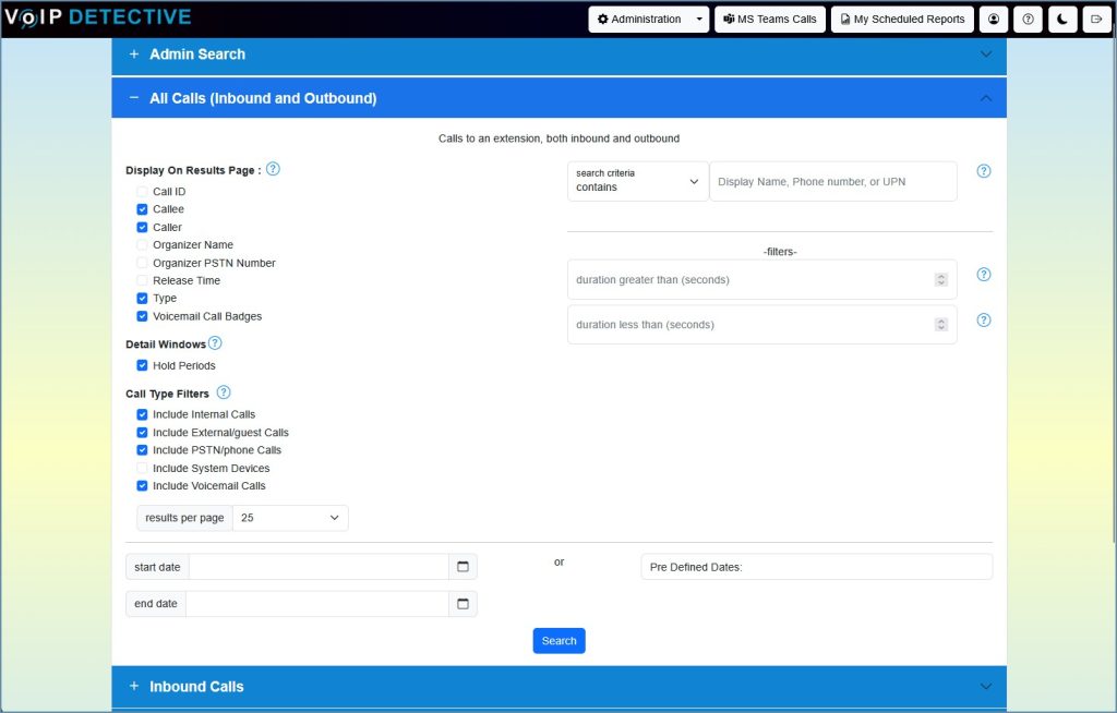 MS Teams All Call Search Interface