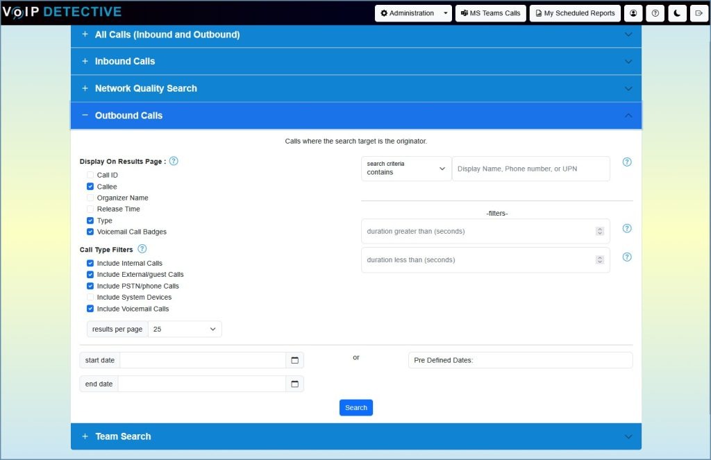 MS Teams Outbound Call Search Interface