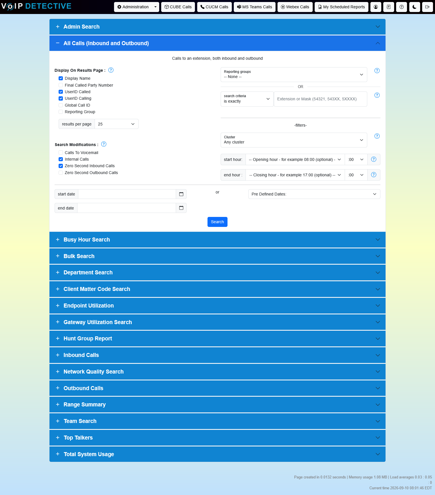CUCM All Calls Report - search interface