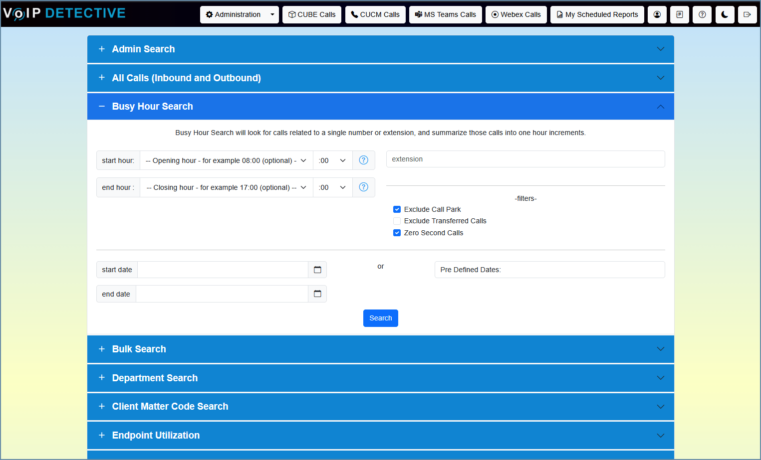 CUCM Busy Hour Report - search interface
