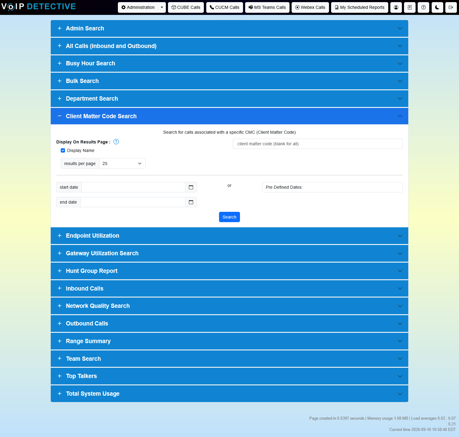 CUCM Client Matter Code Report - search interface