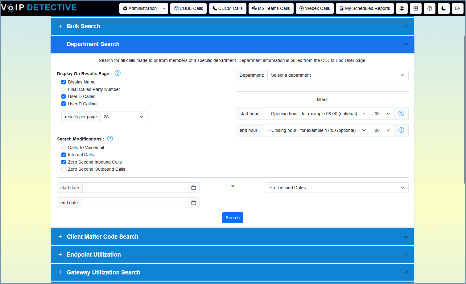 CUCM Department Report - search interface