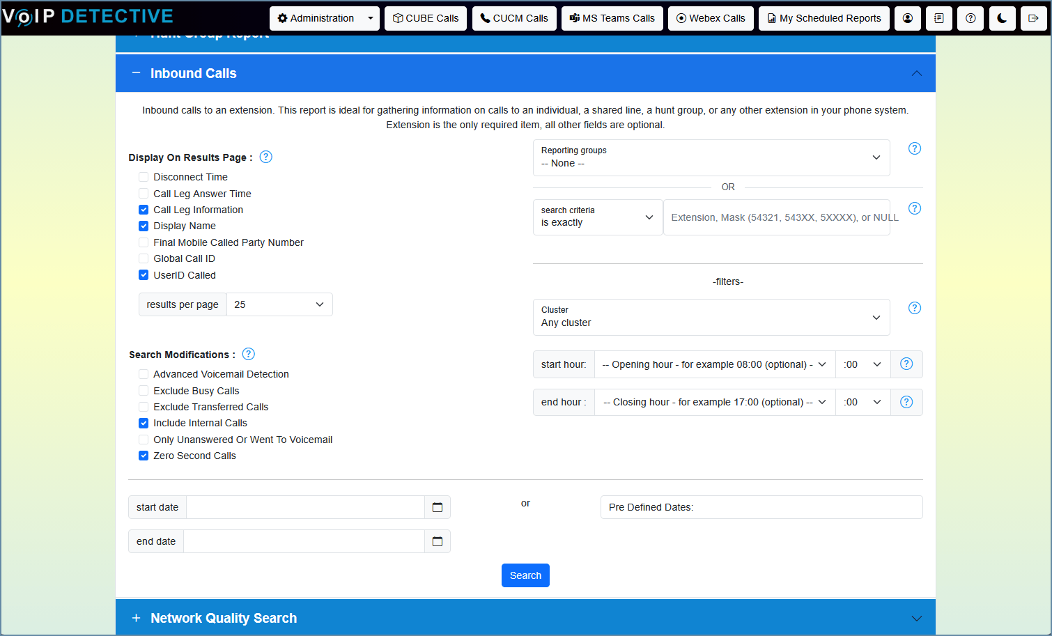 CUCM Inbound Call Report - search interface
