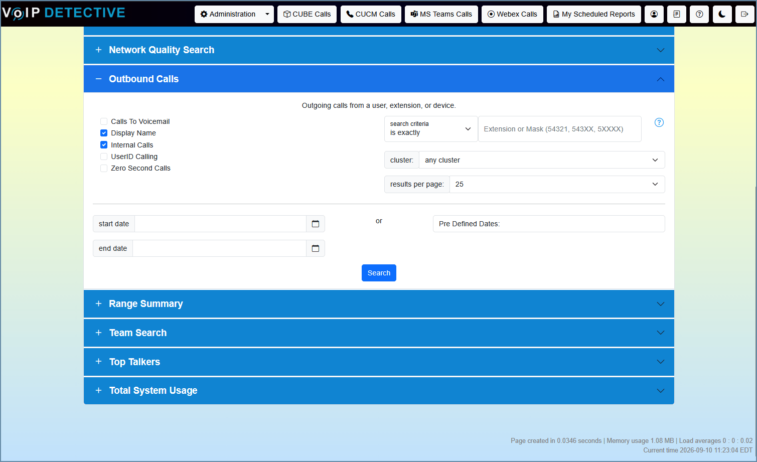CUCM Outbound Call Report - search interface