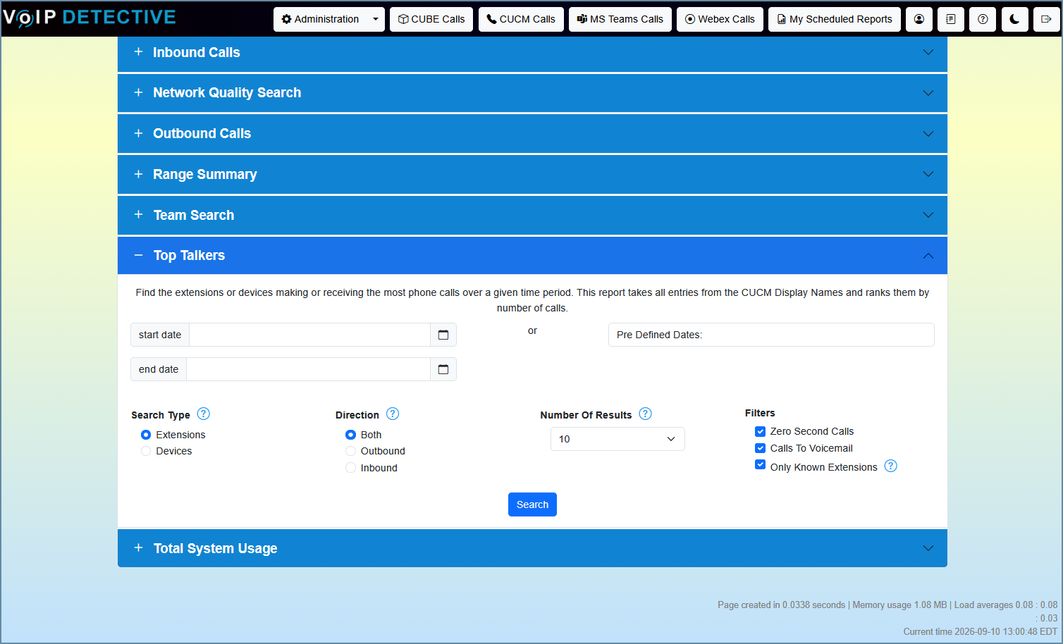 CUCM Top Talkers Report - search interface